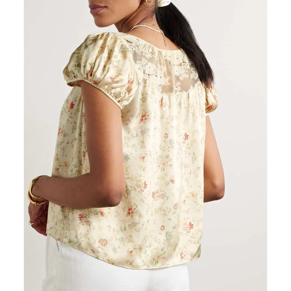 Doen Cream Floral Puff-Sleeve Blouse with Yellow Tie